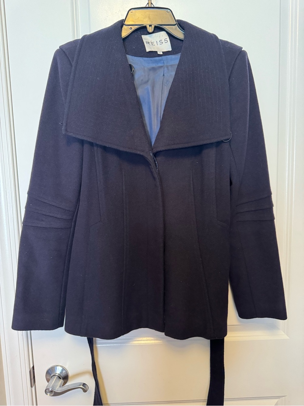 Reiss Navy Pea Coat with Wide Shawl Collar